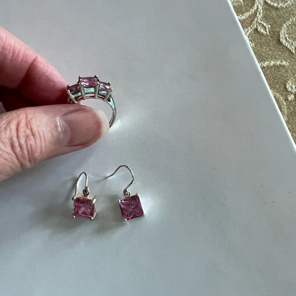 Pink stones ring and earrings set - Picture 2 of 7